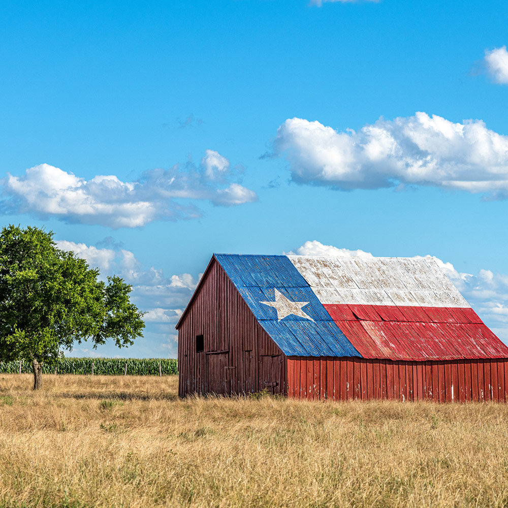 Barn in a field with Texas flag painted on roof